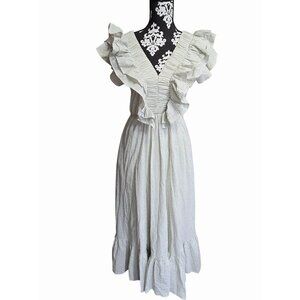 Karlie Green Striped Ruffle Maxi Midi Dress V-Neckline Flared Hem Boho Small